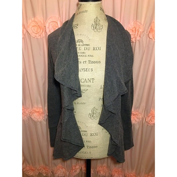 Womens Gray Ruffled Cardigan - Picture 2 of 7